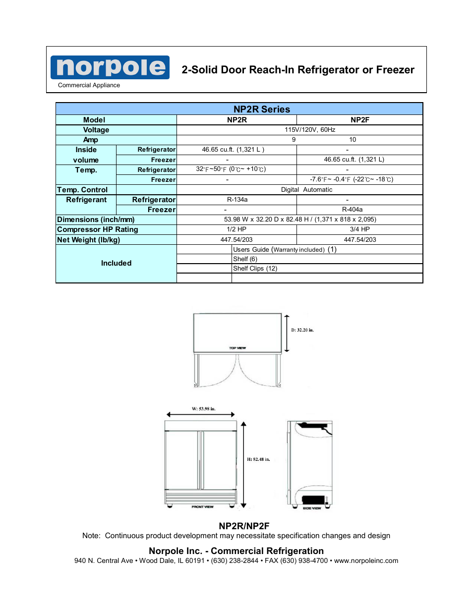 Solid door reach-in refrigerator or freezer, Np2r series, Norpole inc. - commercial refrigeration | Np2r/np2f | Norpole NP2R User Manual | Page 2 / 2