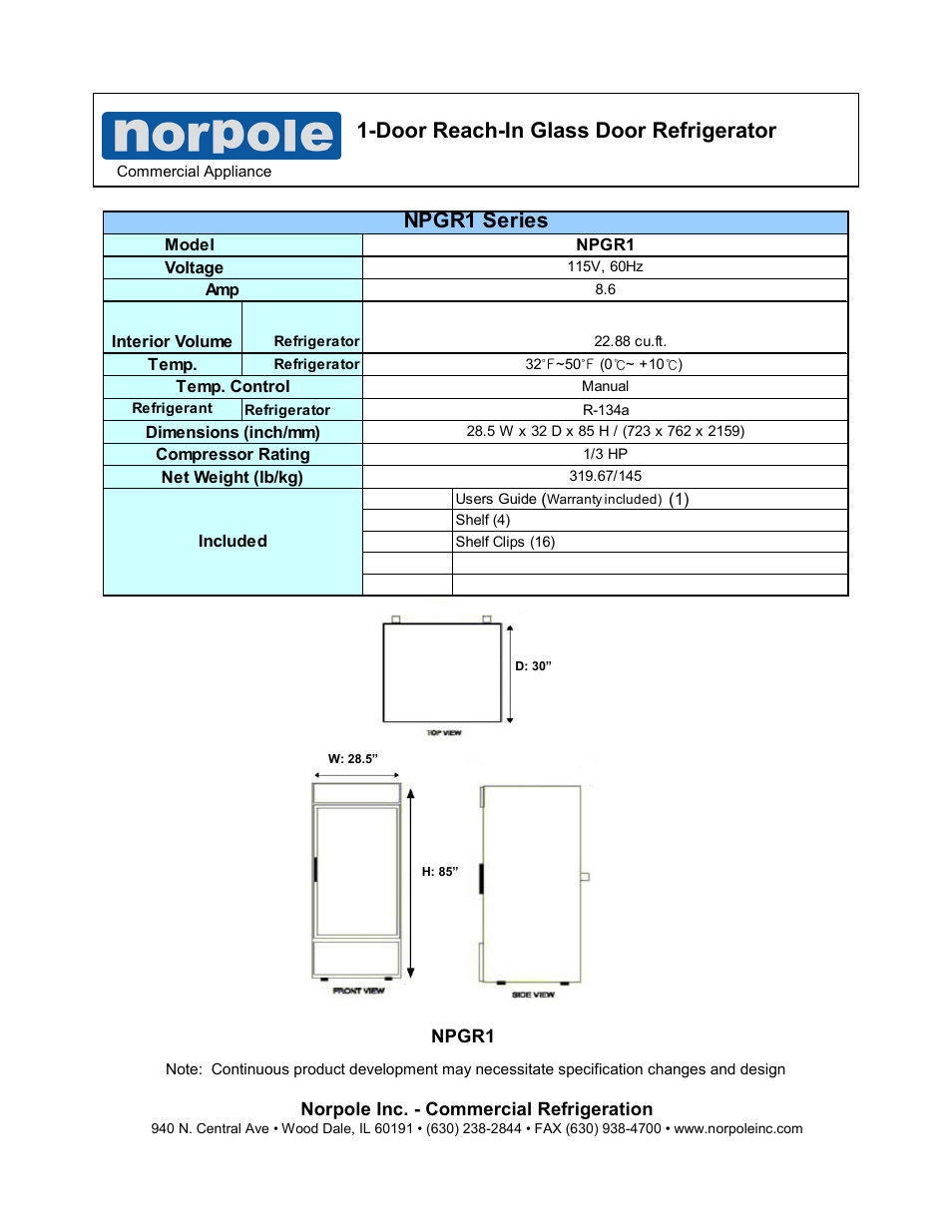 Door reach-in glass door refrigerator, Npgr1 series | Norpole NPGR1 User Manual | Page 2 / 2