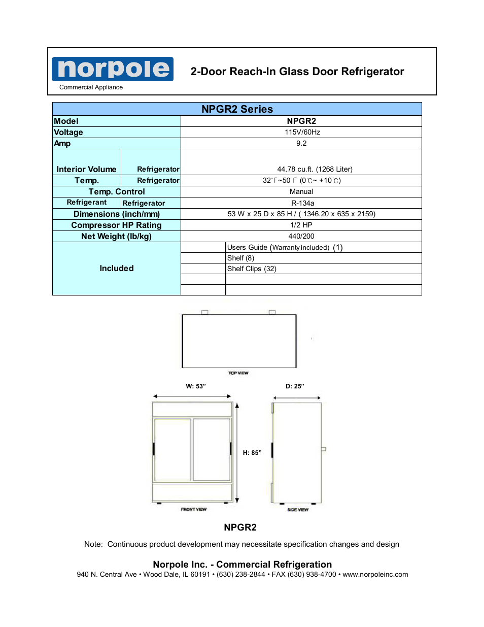 Door reach-in glass door refrigerator, Npgr2 series | Norpole NPGR2 User Manual | Page 2 / 2