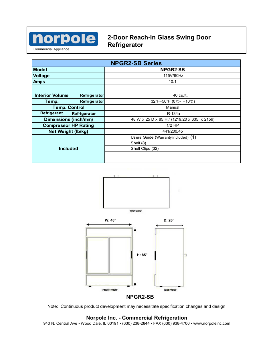 Door reach-in glass swing door refrigerator, Npgr2-sb series, Norpole inc. - commercial refrigeration | Npgr2-sb | Norpole NPGR2-SB User Manual | Page 2 / 2