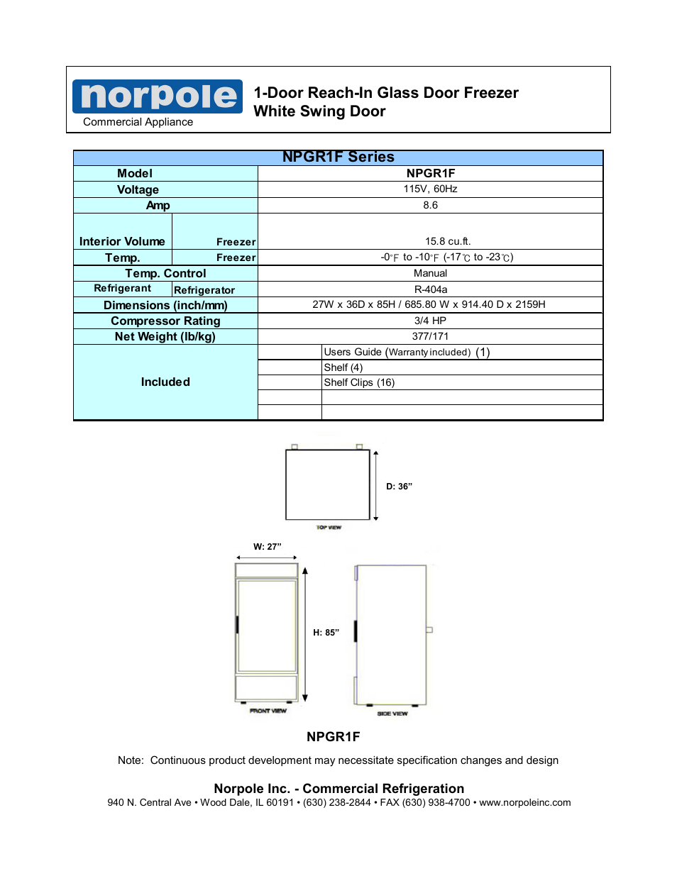 Door reach-in glass door freezer white swing door, Npgr1f series | Norpole NPGR1F User Manual | Page 2 / 2