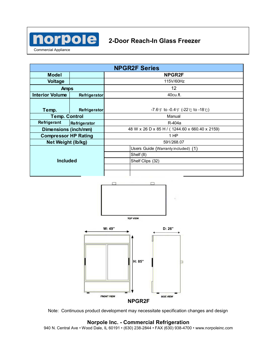 Door reach-in glass freezer, Npgr2f series | Norpole NPGR2F User Manual | Page 2 / 2