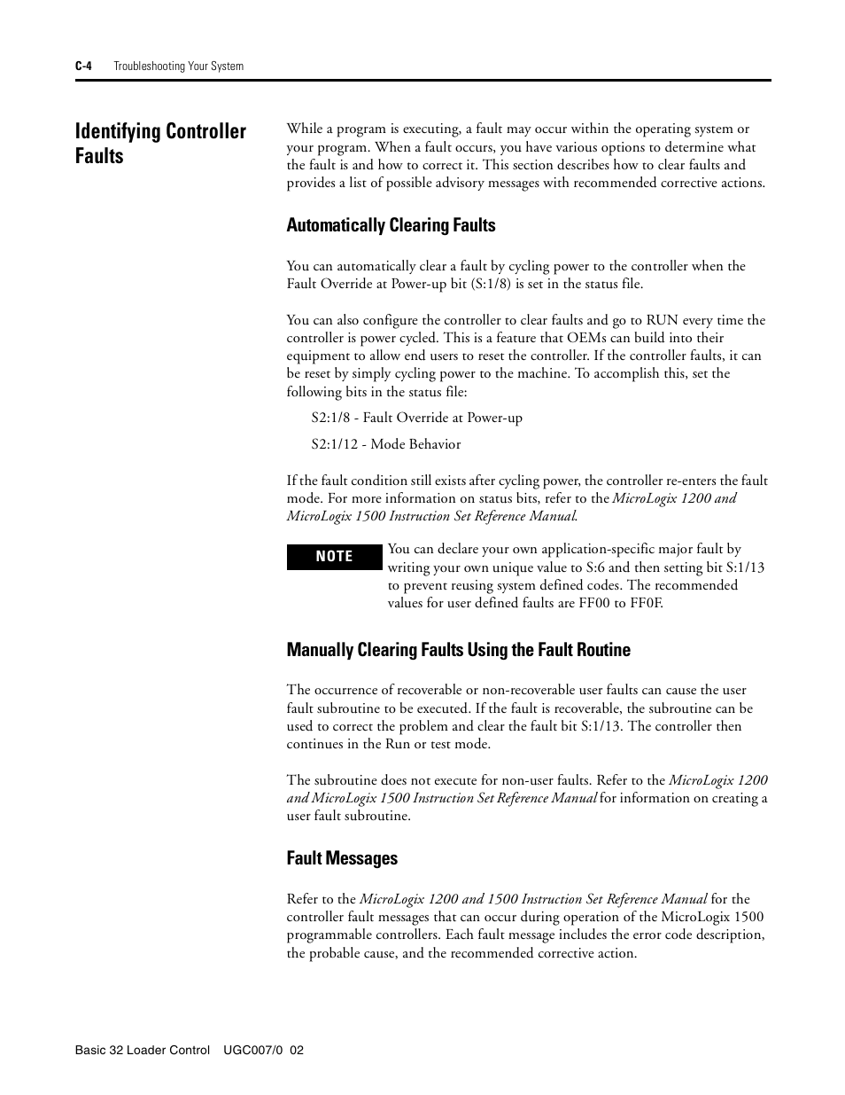 Identifying controller faults, Automatically clearing faults, Manually clearing faults using the fault routine | Fault messages | Conair B32 User Manual | Page 54 / 62