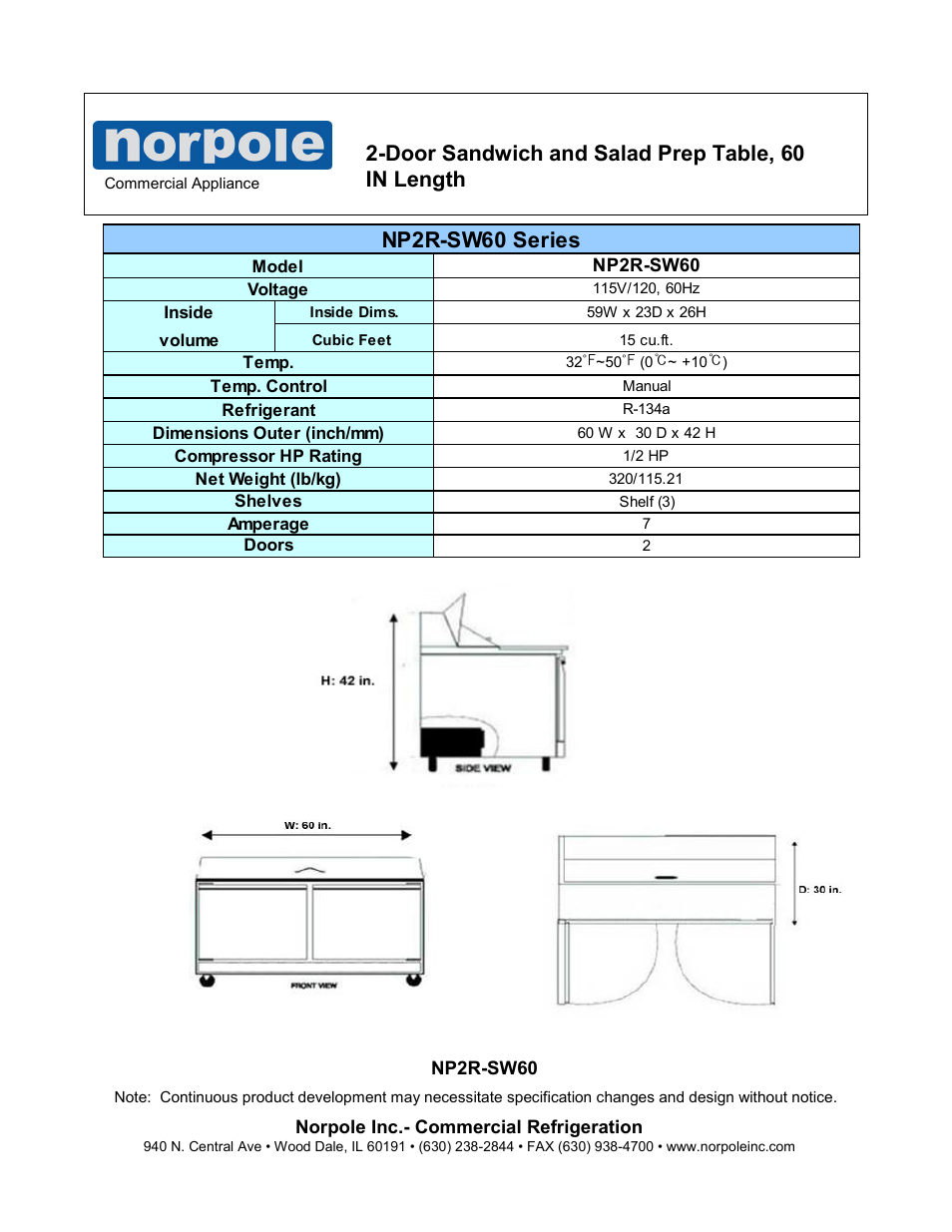 Np2r-sw60 series, Door sandwich and salad prep table, 60 in length | Norpole NP2R-SW60 User Manual | Page 2 / 2