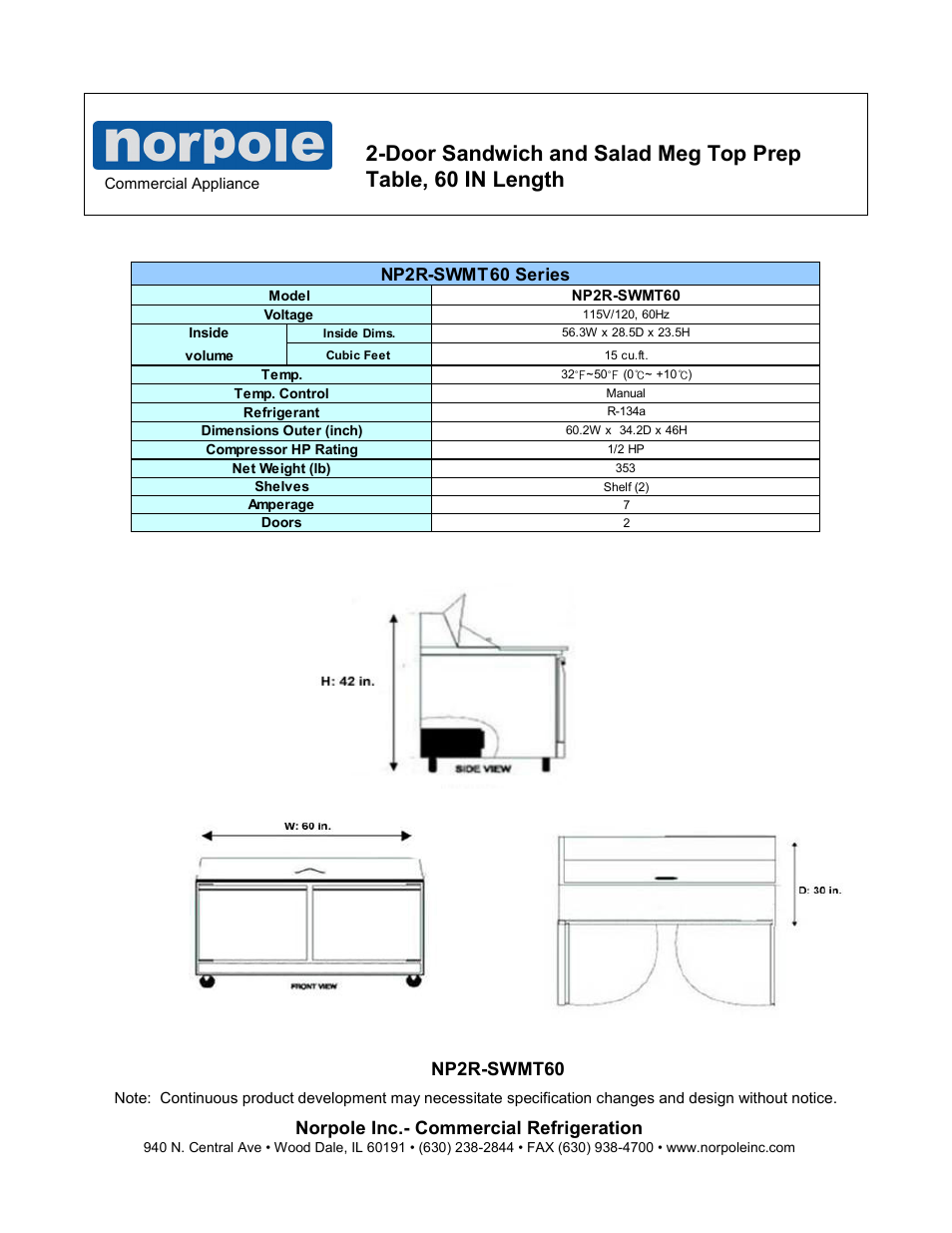 Norpole inc.- commercial refrigeration, Np2r-swmt60 | Norpole NP2R-SWMT60 User Manual | Page 2 / 2