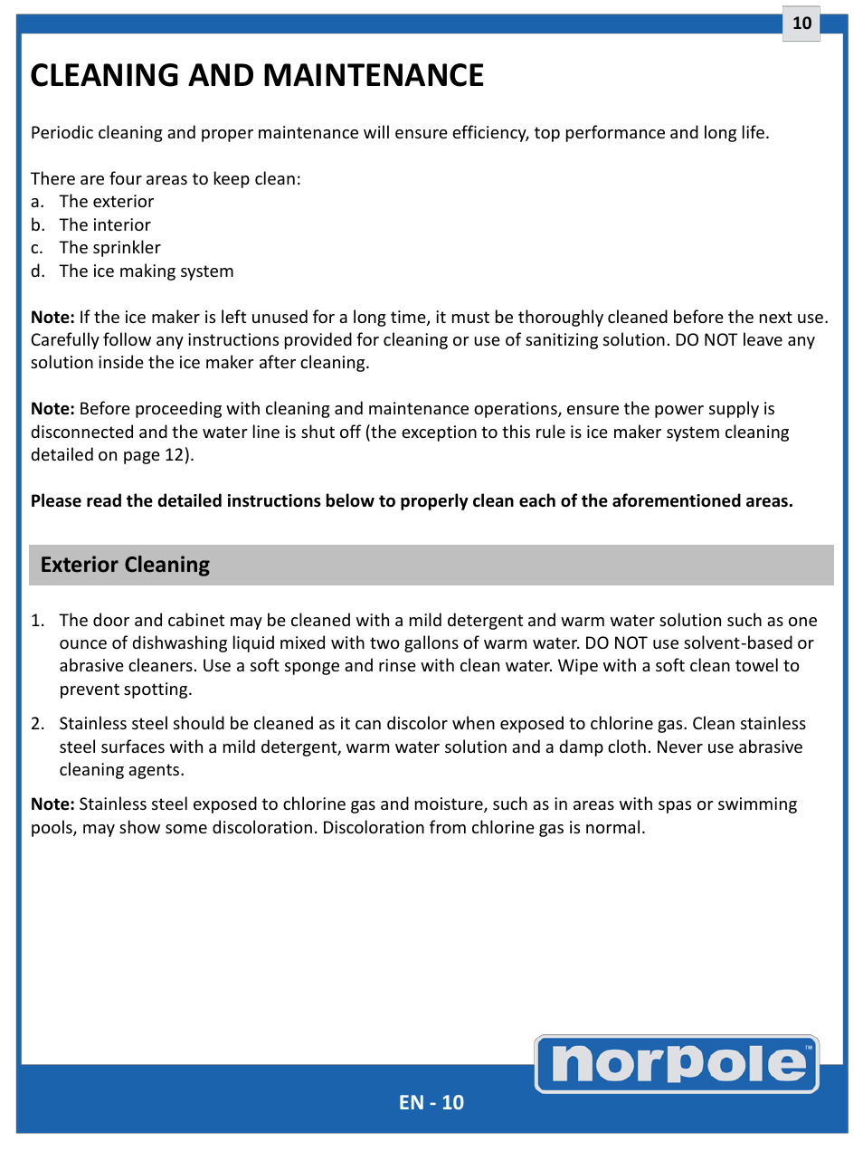 Cleaning and maintenance, Exterior cleaning | Norpole EWCIM350S User Manual | Page 10 / 33