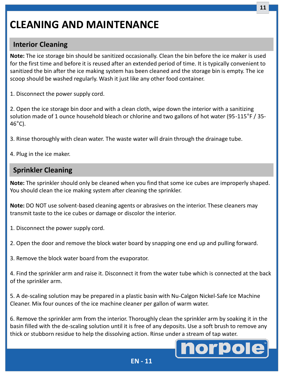 Cleaning and maintenance, Sprinkler cleaning interior cleaning | Norpole EWCIM350S User Manual | Page 11 / 33