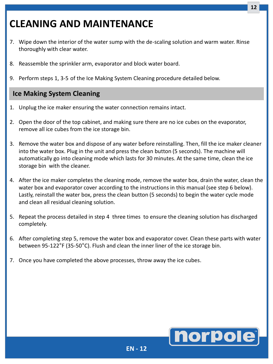 Cleaning and maintenance, Ice making system cleaning | Norpole EWCIM350S User Manual | Page 12 / 33