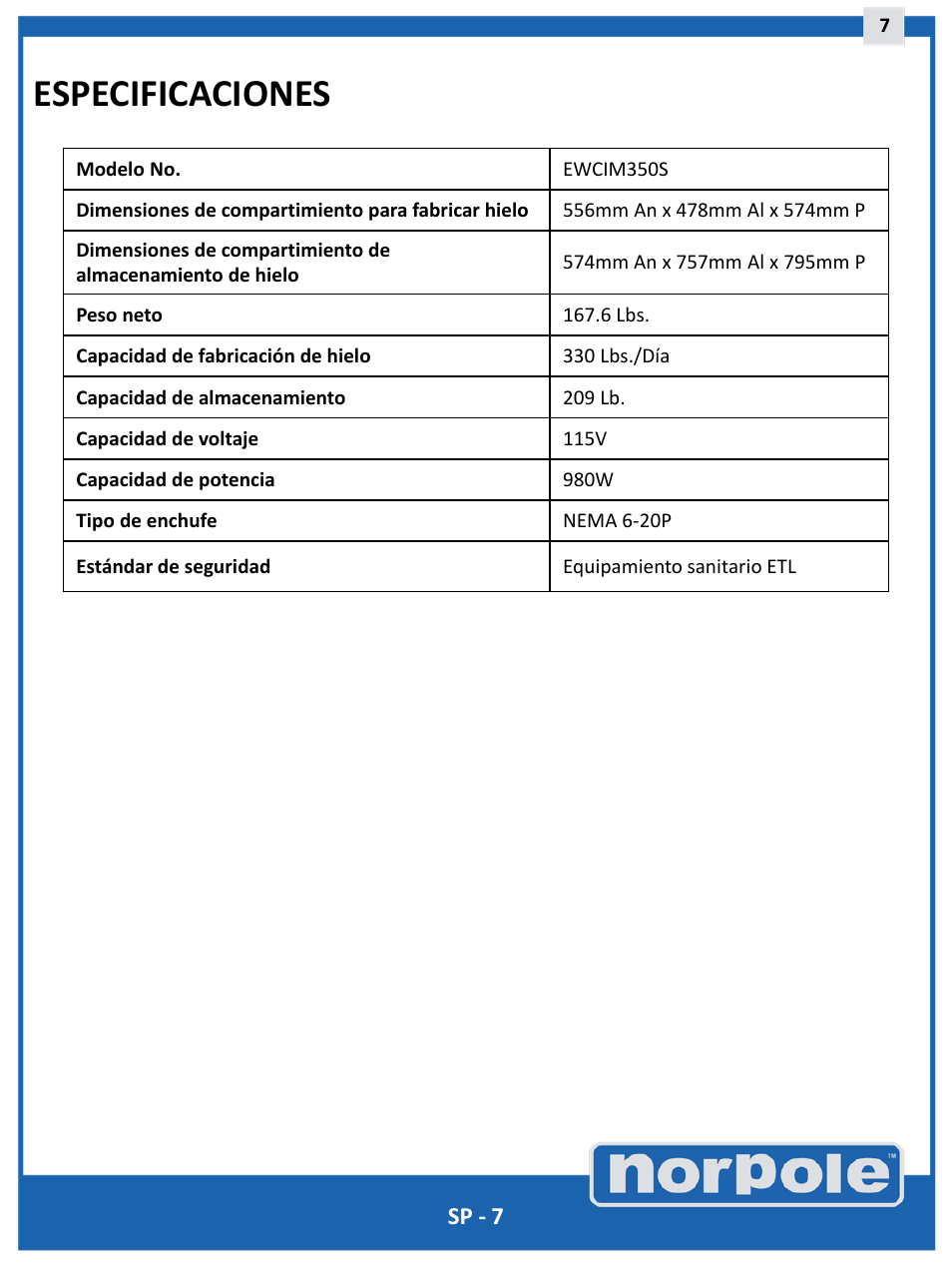 Especificaciones | Norpole EWCIM350S User Manual | Page 23 / 33