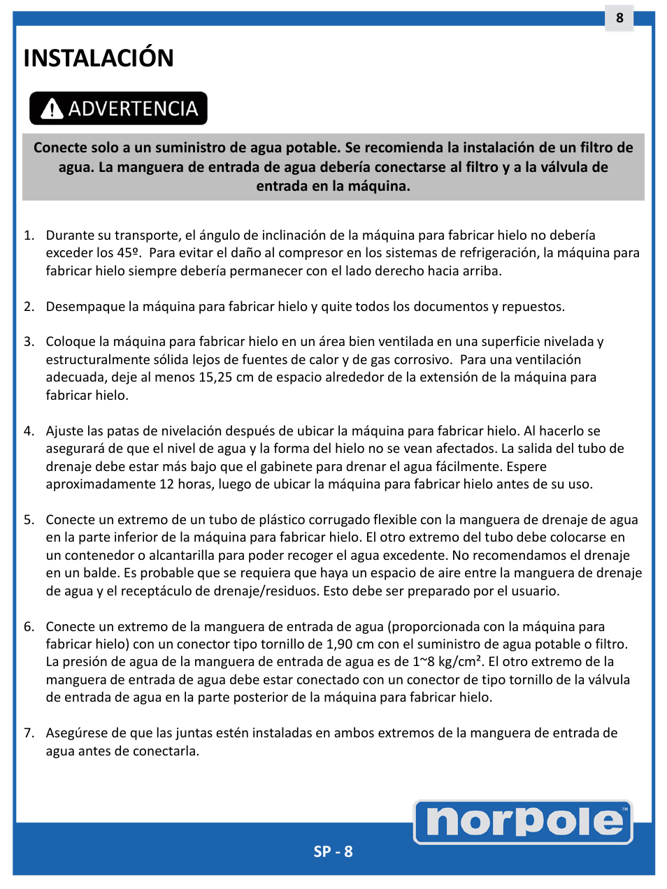 Instalación, Sp - 8 | Norpole EWCIM350S User Manual | Page 24 / 33