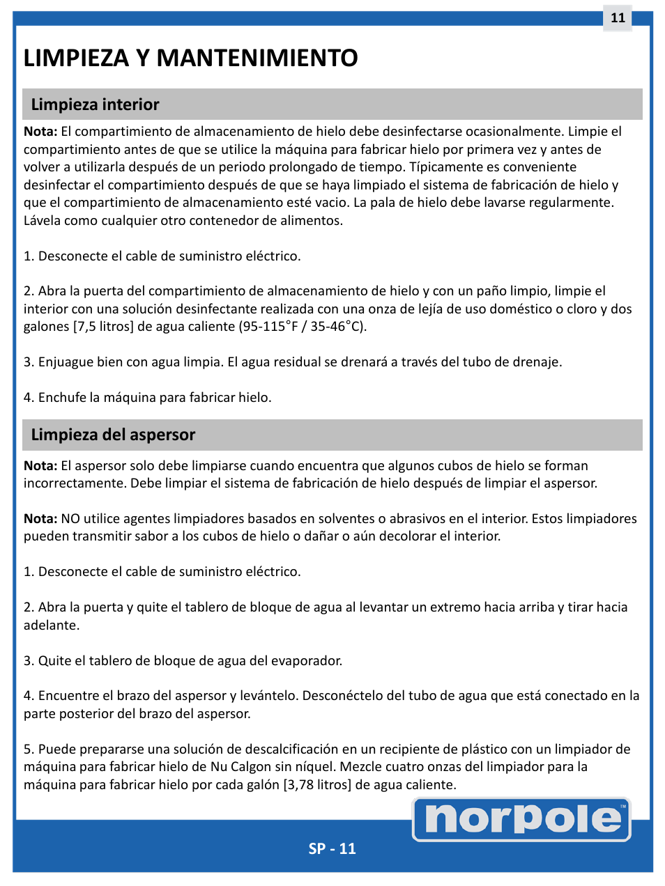 Limpieza y mantenimiento, Limpieza del aspersor limpieza interior | Norpole EWCIM350S User Manual | Page 27 / 33