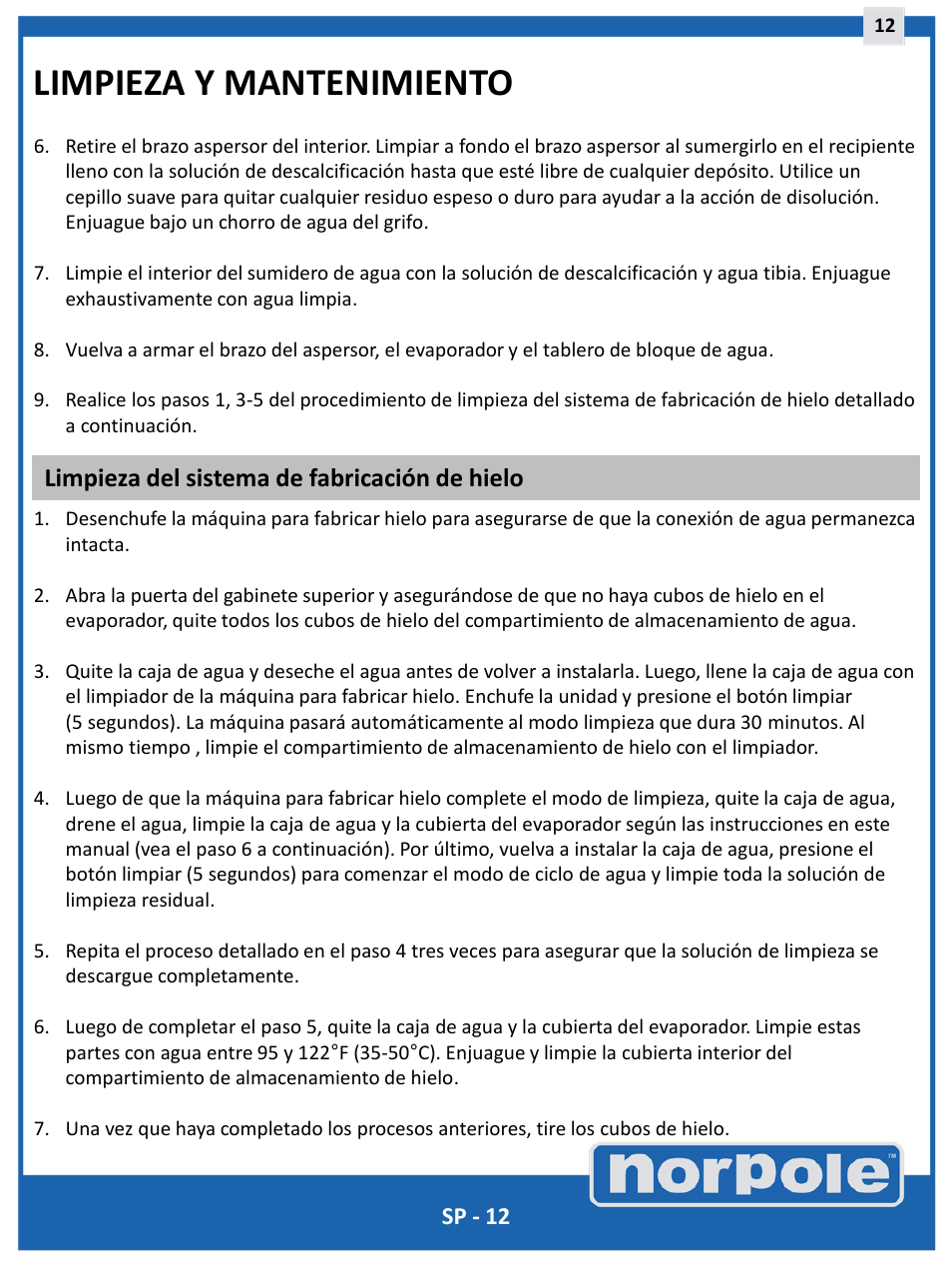 Limpieza y mantenimiento, Limpieza del sistema de fabricación de hielo | Norpole EWCIM350S User Manual | Page 28 / 33