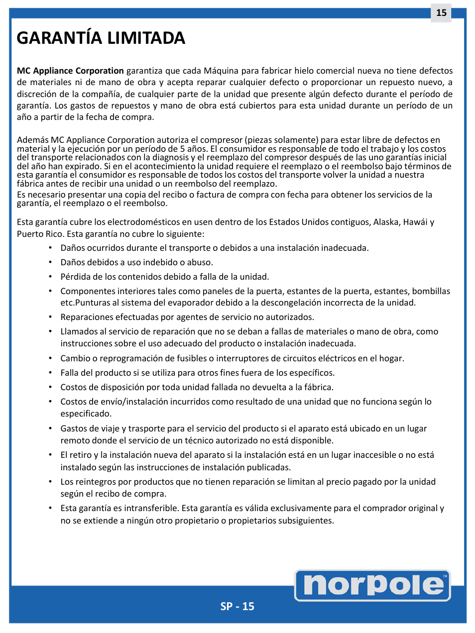 Garantía limitada, Sp - 15 | Norpole EWCIM350S User Manual | Page 31 / 33