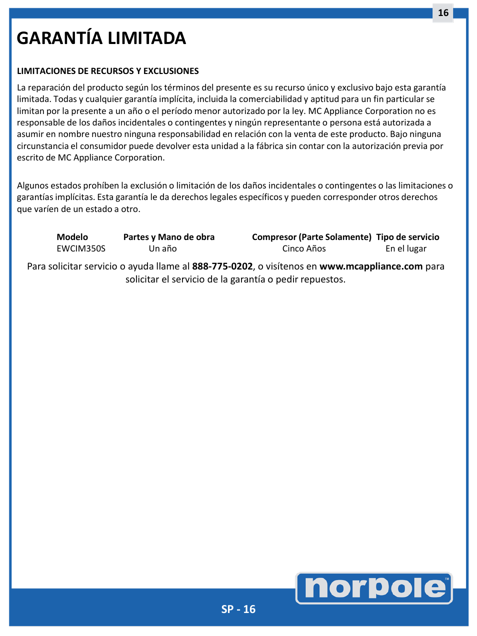 Garantía limitada, Sp - 16 | Norpole EWCIM350S User Manual | Page 32 / 33