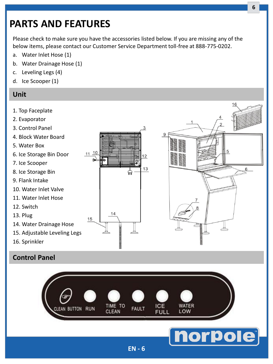 Parts and features, Unit control panel | Norpole EWCIM350S User Manual | Page 6 / 33