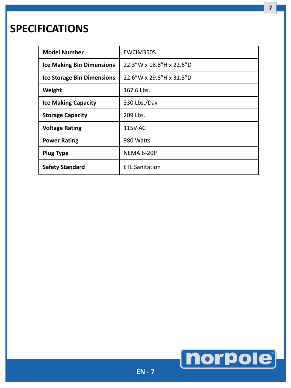 Specifications | Norpole EWCIM350S User Manual | Page 7 / 33