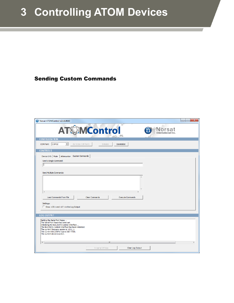 Sending custom commands, Figure 11: the custom commands tab, 3 controlling atom devices | Norsat ATOMControl User Manual | Page 28 / 30