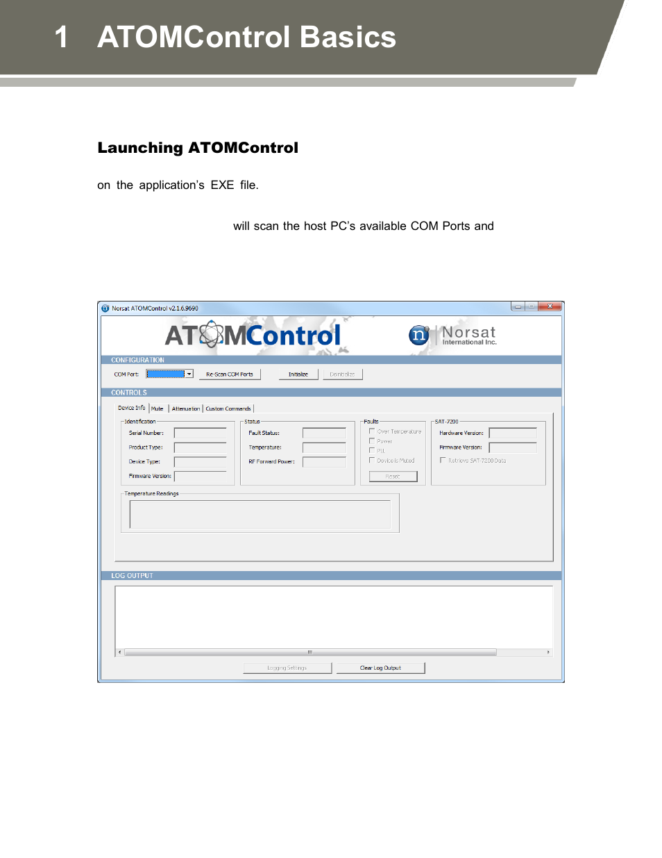 Launching atomcontrol, Figure 1: atomcontrol start-up screen, 1 atomcontrol basics | Norsat ATOMControl User Manual | Page 9 / 30