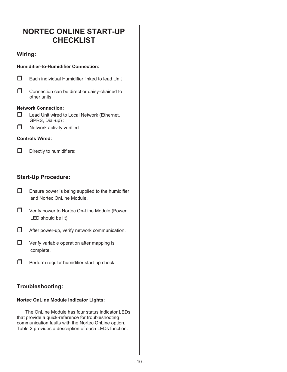 Nortec online start-up checklist | Nortec NHSC Nortec OnLine User Manual | Page 12 / 16
