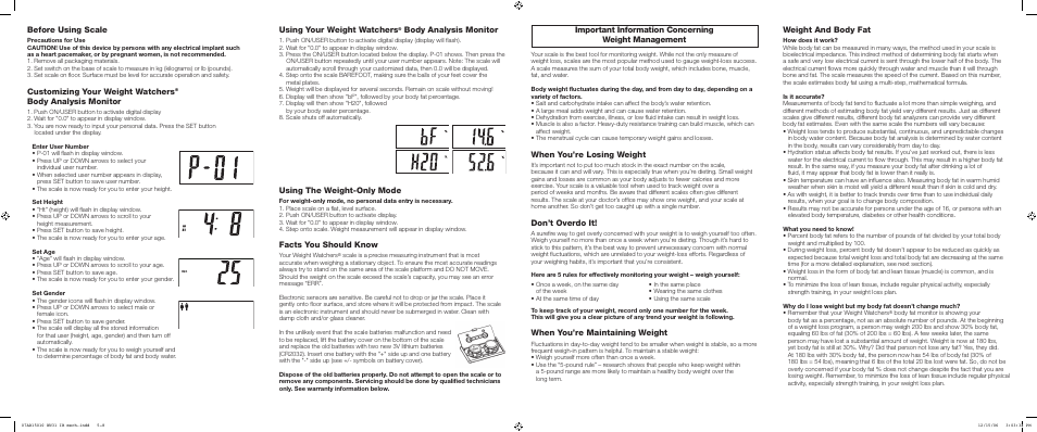Using your weight watchers, Body analysis monitor, Using the weight-only mode | Facts you should know, Before using scale, Customizing your weight watchers, Important information concerning weight management, When you’re losing weight, Don’t overdo it, When you’re maintaining weight | Conair WW31 User Manual | Page 2 / 2