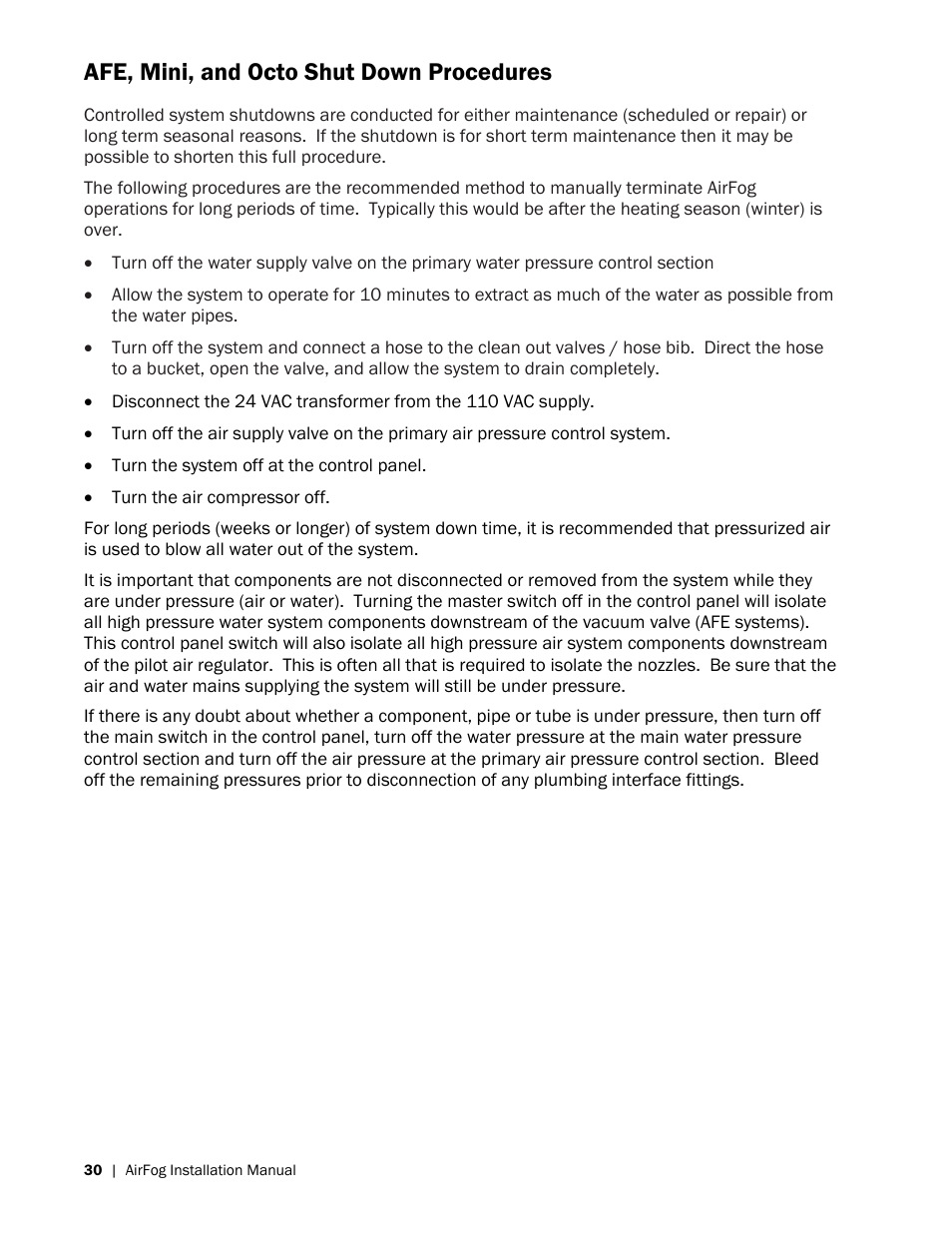 Afe, mini, and octo shut down procedures | Nortec AIRFOG Series User Manual | Page 34 / 48