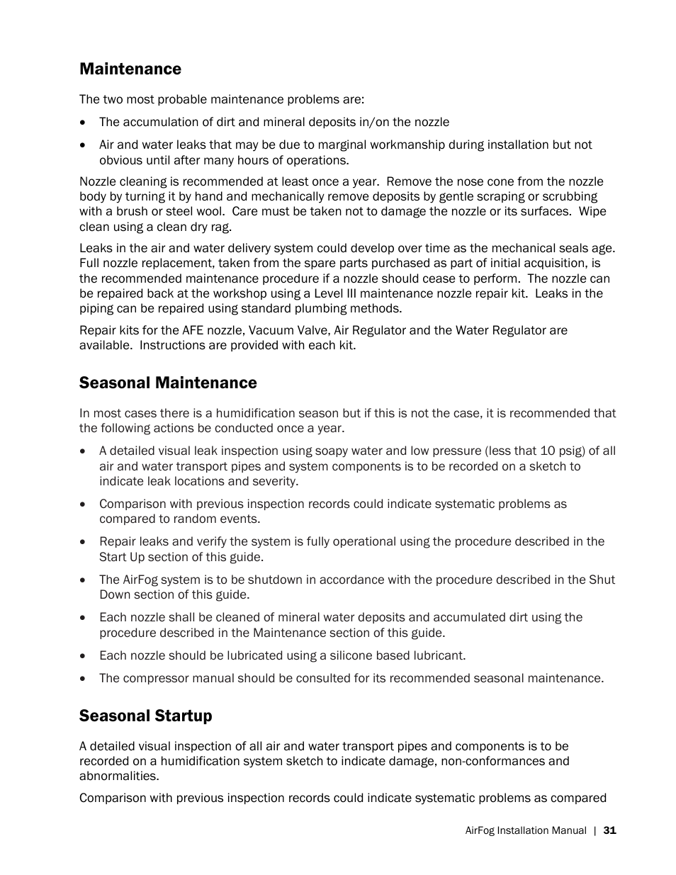 Maintenance, Seasonal maintenance, Seasonal startup | Nortec AIRFOG Series User Manual | Page 35 / 48