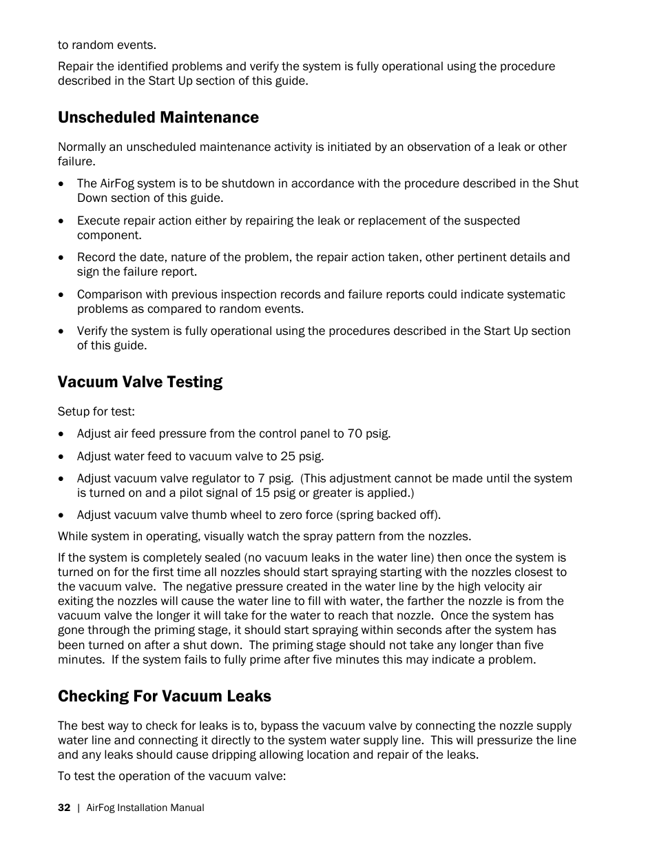Unscheduled maintenance, Vacuum valve testing, Checking for vacuum leaks | Nortec AIRFOG Series User Manual | Page 36 / 48