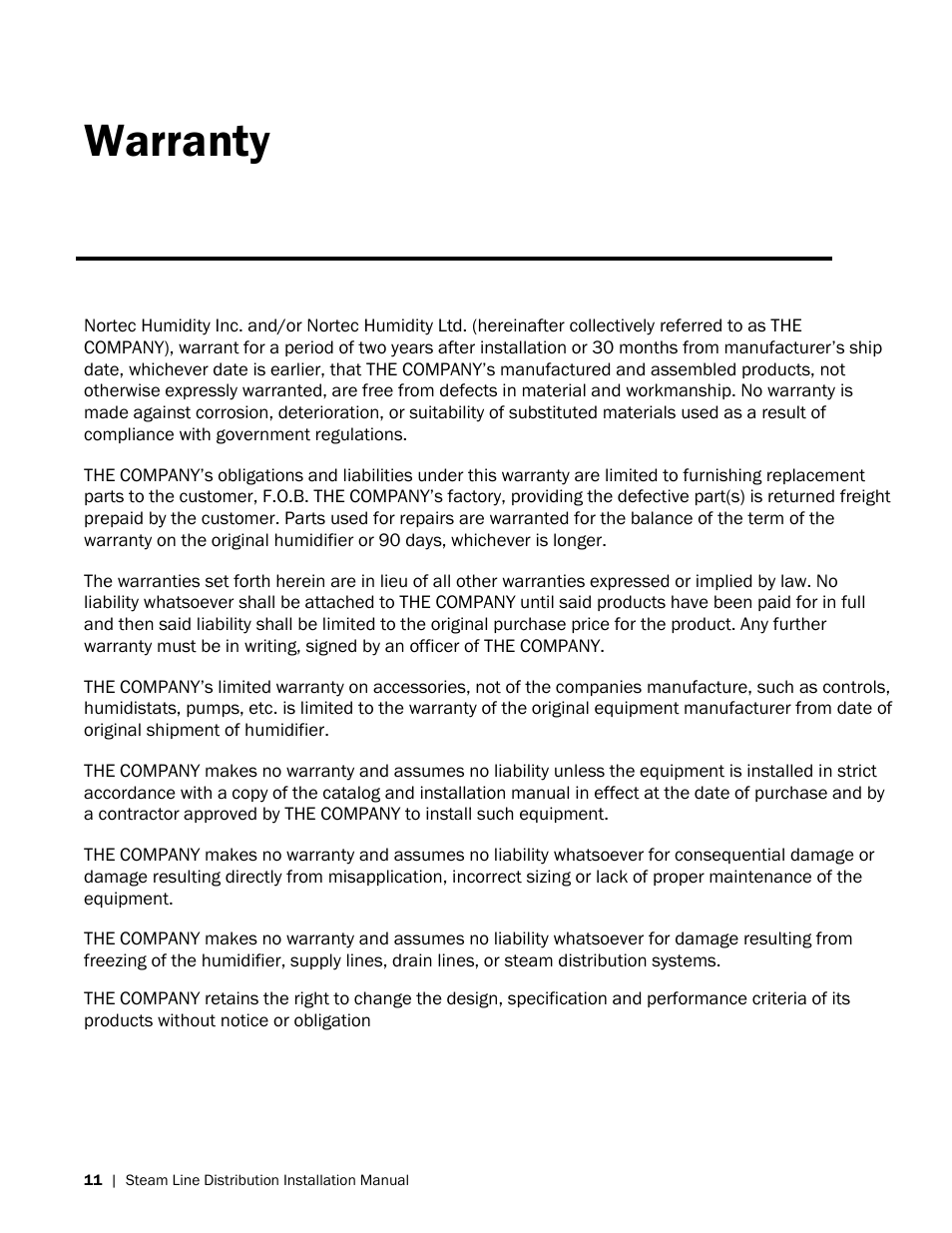 Warranty | Nortec Steam Distribution User Manual | Page 14 / 15