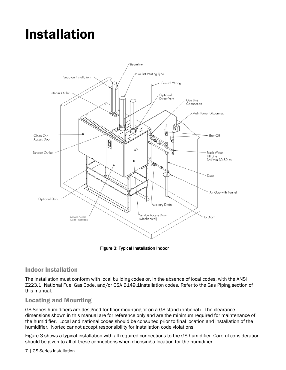 7 installation, 7 indoor installation, 7 locating and mounting | Installation | Nortec GS Series User Manual | Page 10 / 98