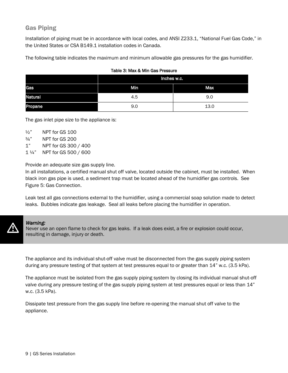 9 gas piping, Gas piping | Nortec GS Series User Manual | Page 12 / 98