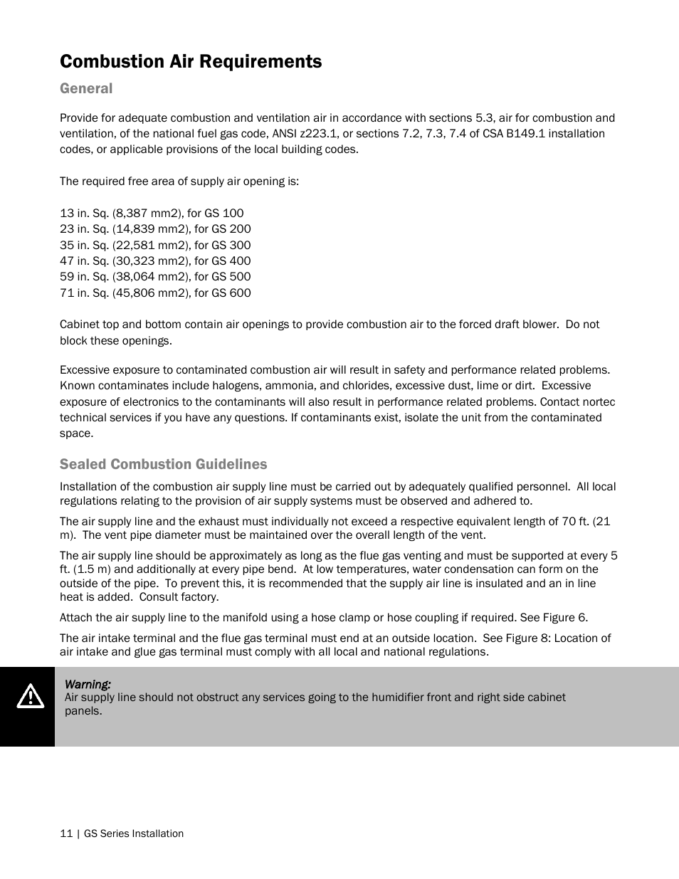 11 combustion air requirements, Combustion air requirements, General | Sealed combustion guidelines | Nortec GS Series User Manual | Page 14 / 98