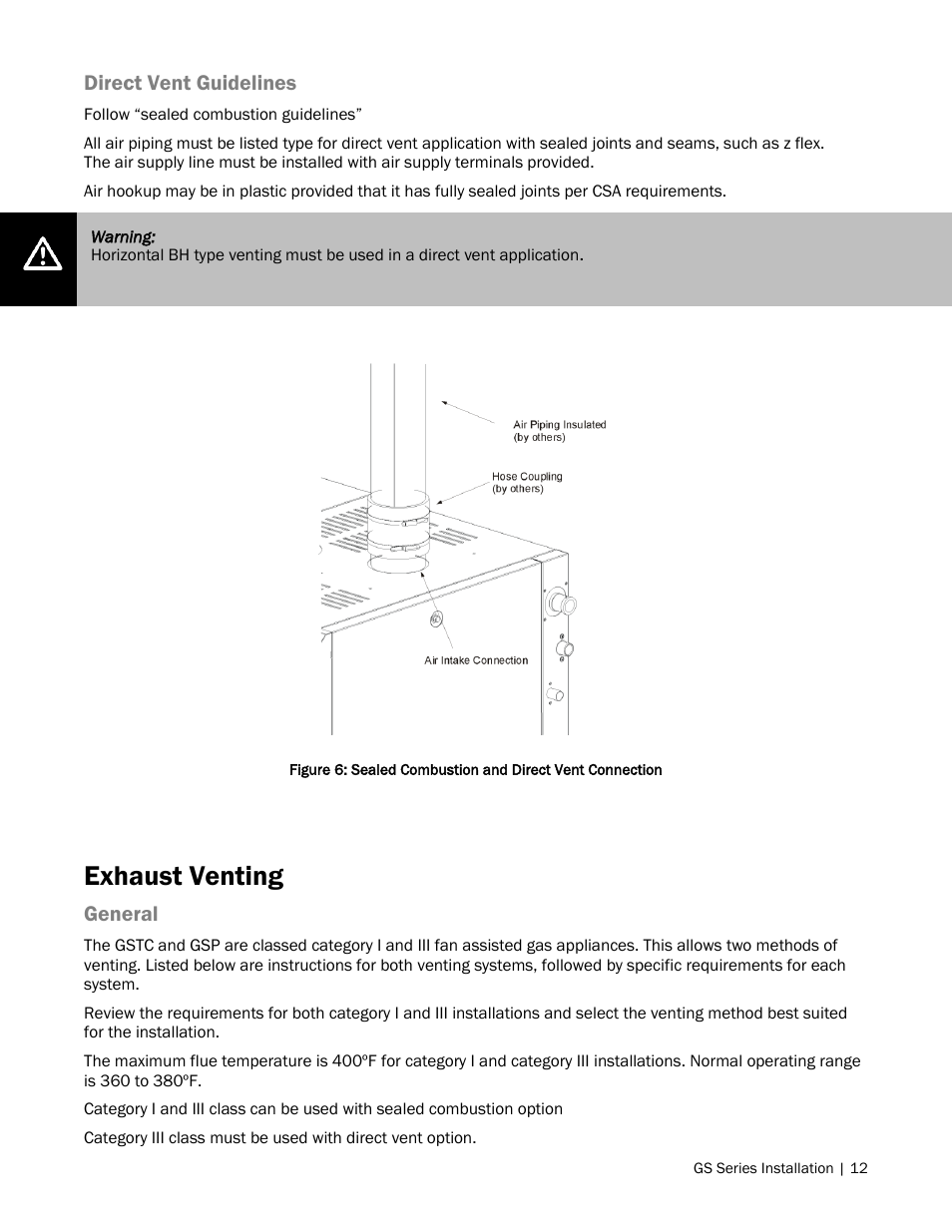 Exhaust venting, Direct vent guidelines, General | Nortec GS Series User Manual | Page 15 / 98