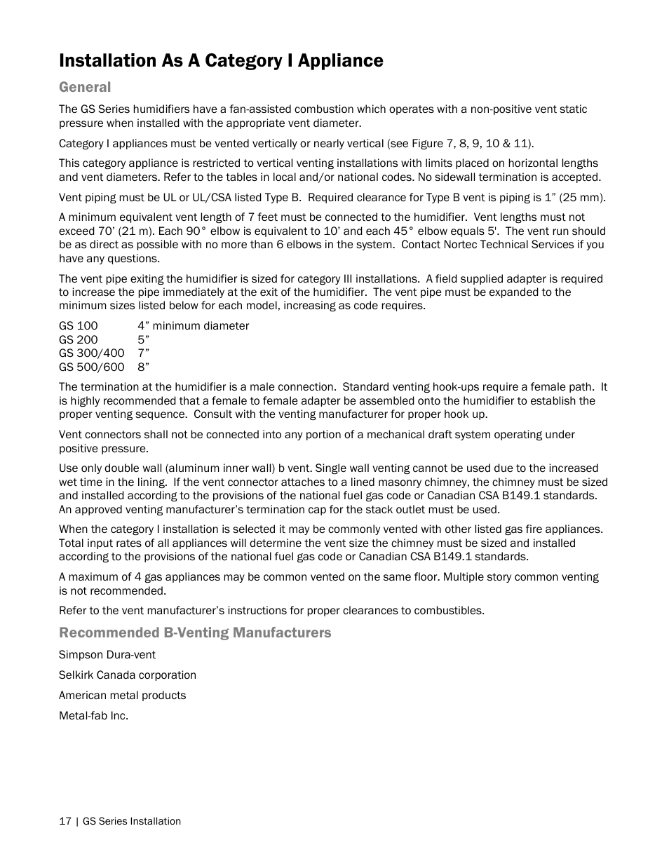 17 installation as a category i appliance, Installation as a category i appliance | Nortec GS Series User Manual | Page 20 / 98