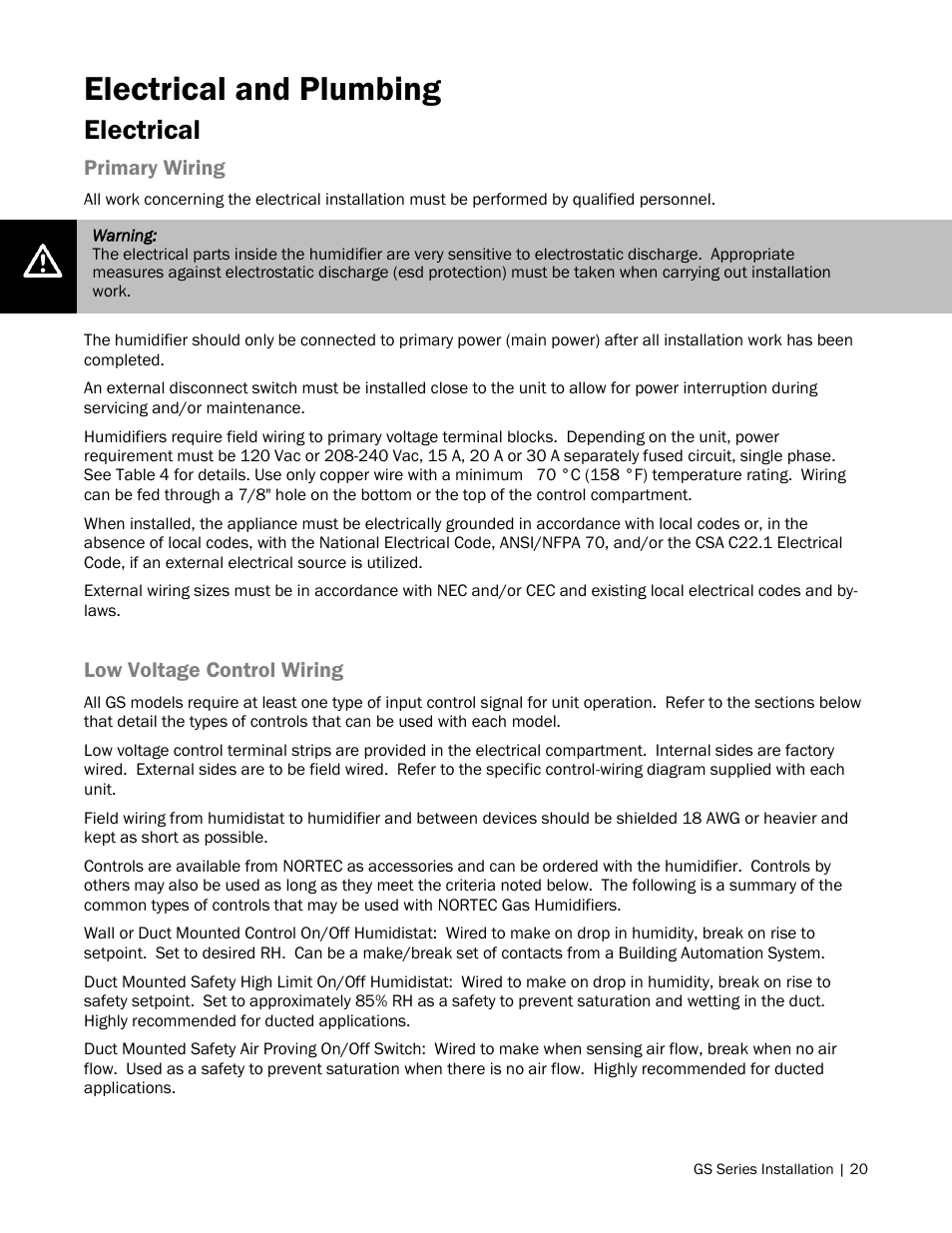 20 electrical, Electrical and plumbing, Electrical | Nortec GS Series User Manual | Page 23 / 98