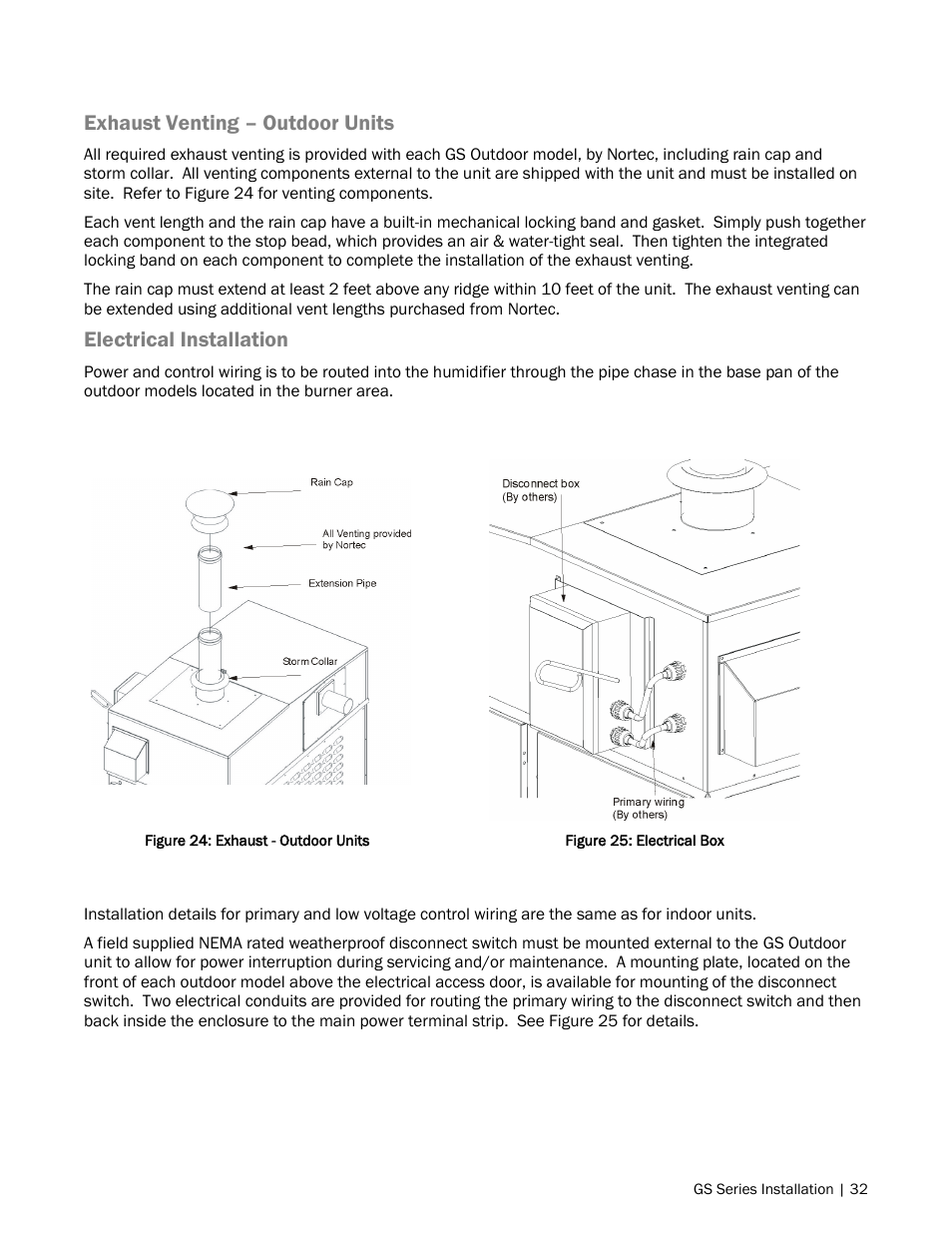 Exhaust venting – outdoor units, Electrical installation | Nortec GS Series User Manual | Page 35 / 98