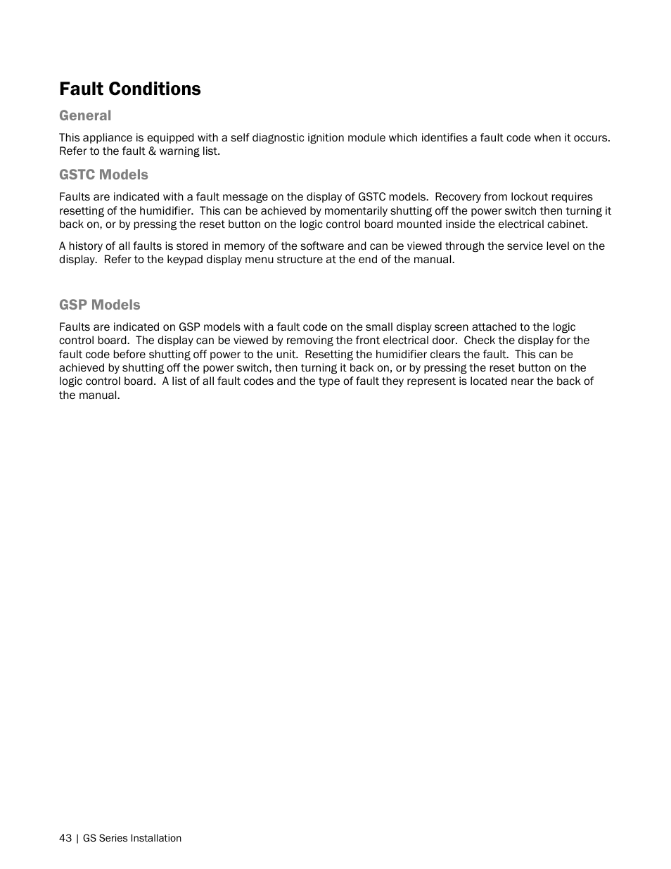 43 fault conditions, Fault conditions | Nortec GS Series User Manual | Page 46 / 98