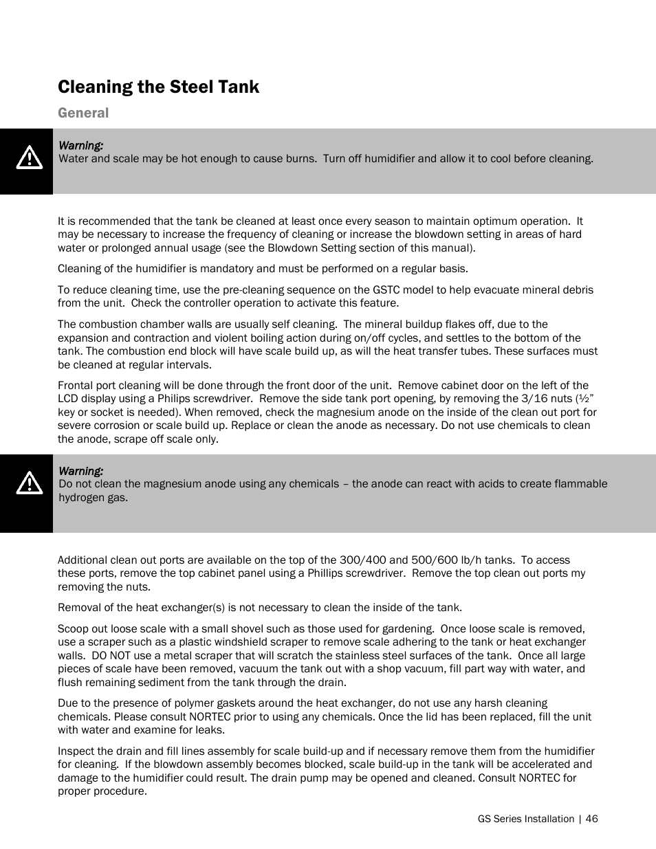 46 cleaning the steel tank, Cleaning the steel tank | Nortec GS Series User Manual | Page 49 / 98