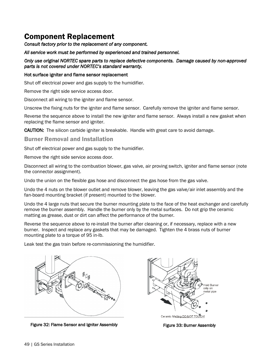 49 component replacement, Component replacement, Burner removal and installation | Nortec GS Series User Manual | Page 52 / 98