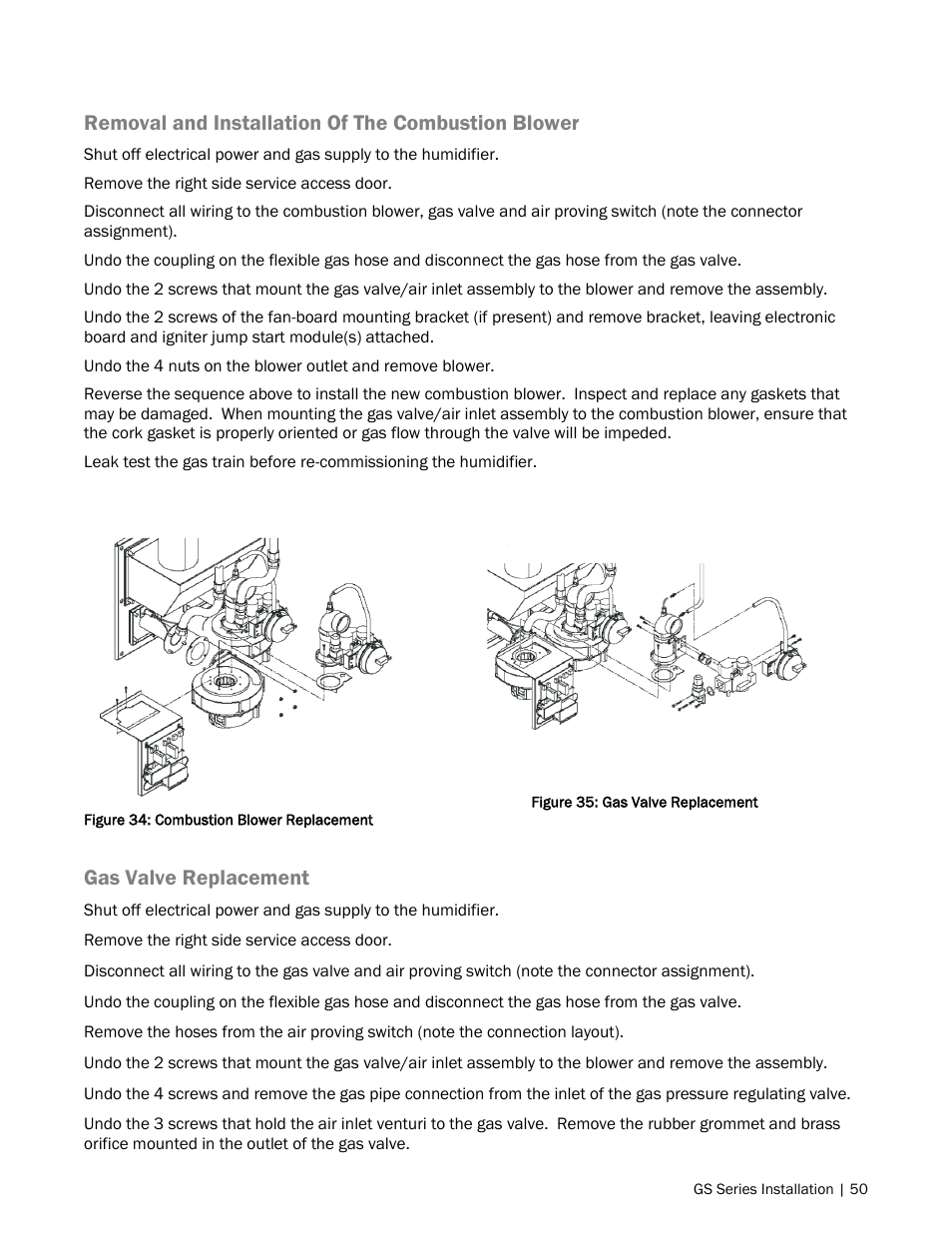 Removal and installation of the combustion blower, Gas valve replacement | Nortec GS Series User Manual | Page 53 / 98