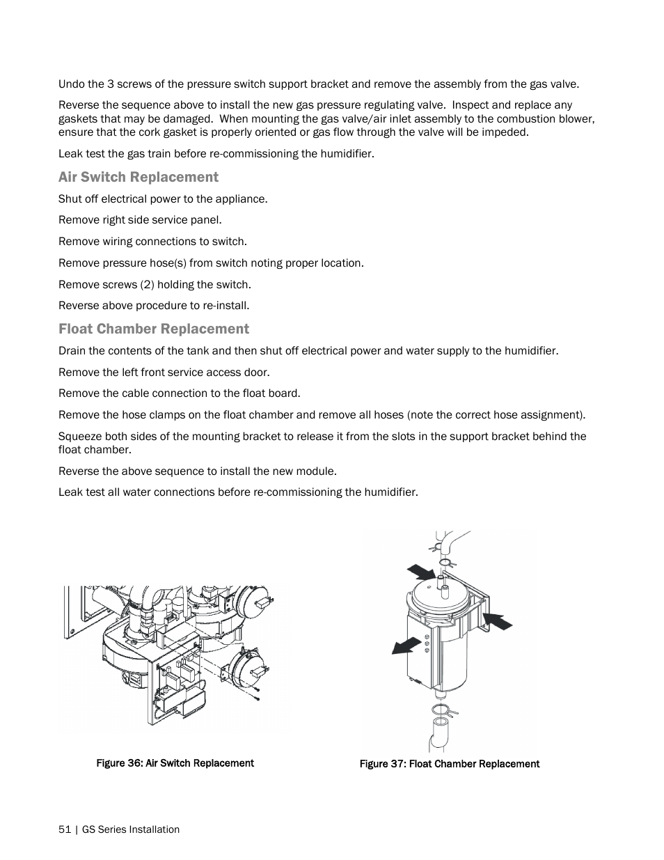 Air switch replacement, Float chamber replacement | Nortec GS Series User Manual | Page 54 / 98