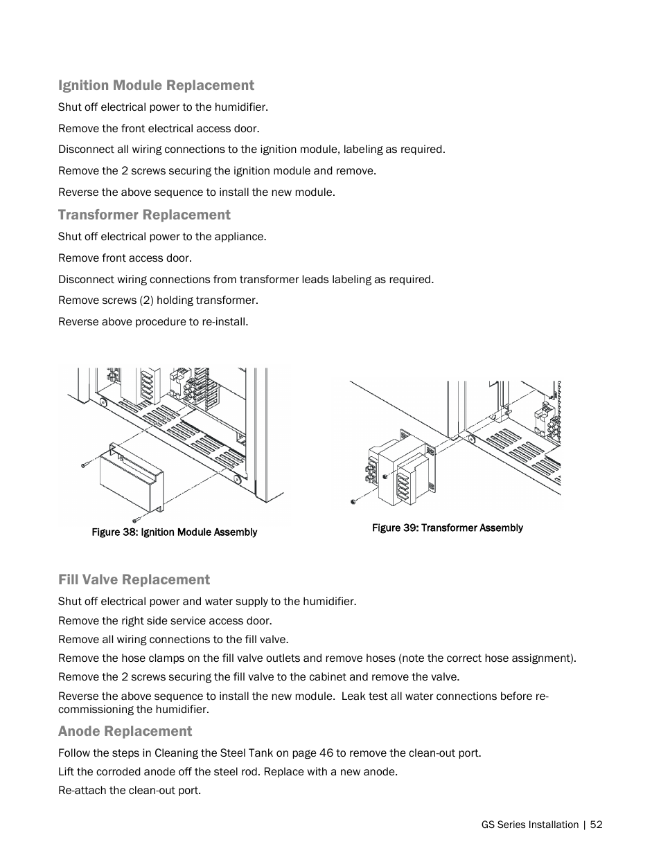 Ignition module replacement, Transformer replacement, Fill valve replacement | Anode replacement | Nortec GS Series User Manual | Page 55 / 98