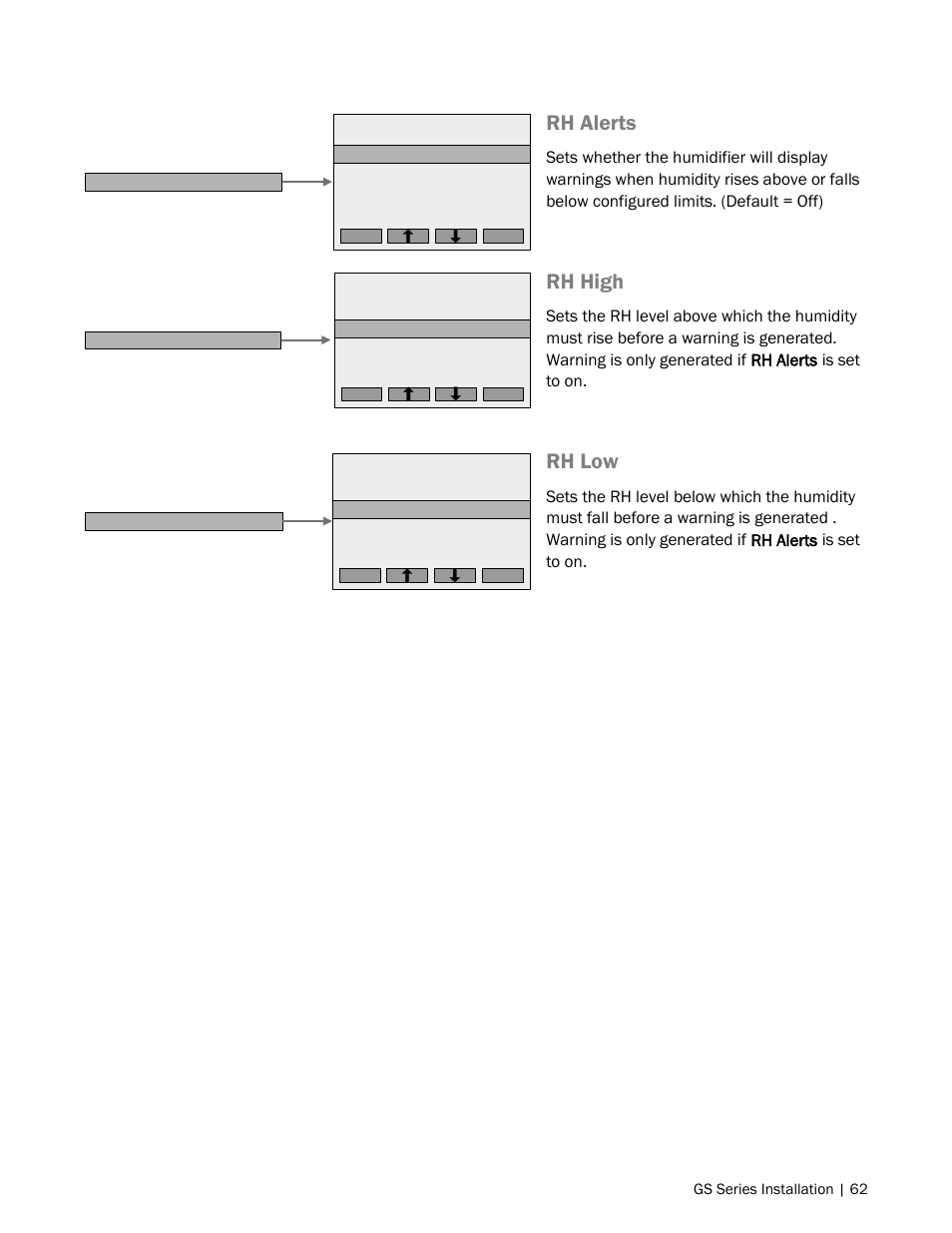 Rh alerts, Rh high, Rh low | Nortec GS Series User Manual | Page 65 / 98