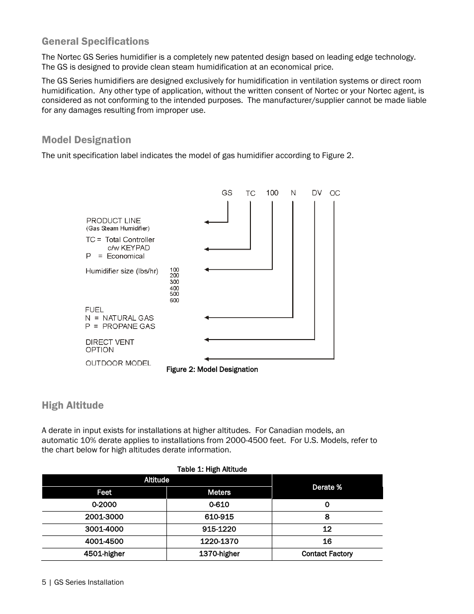 General specifications, Model designation, High altitude | Nortec GS Series User Manual | Page 8 / 98