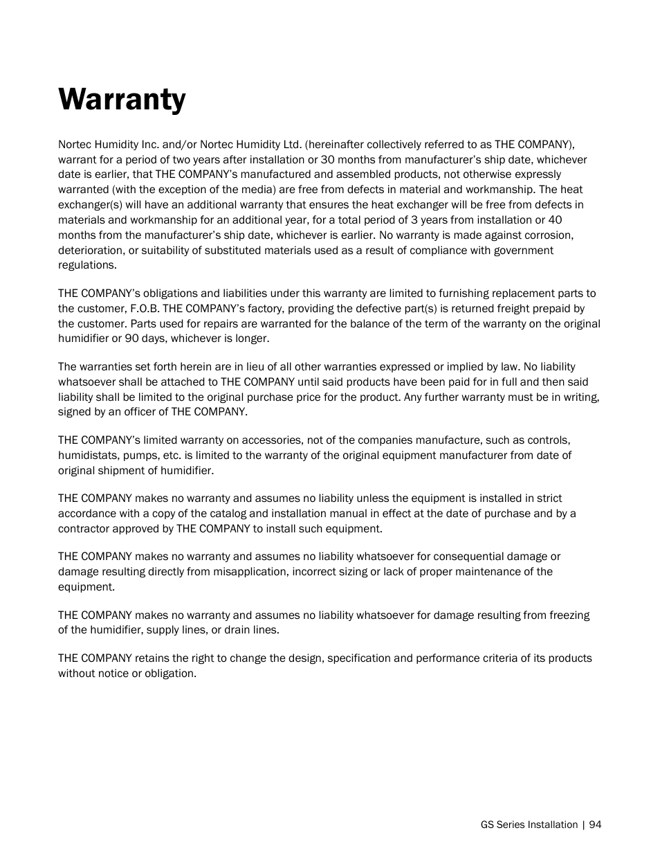 Warranty | Nortec GS Series User Manual | Page 97 / 98