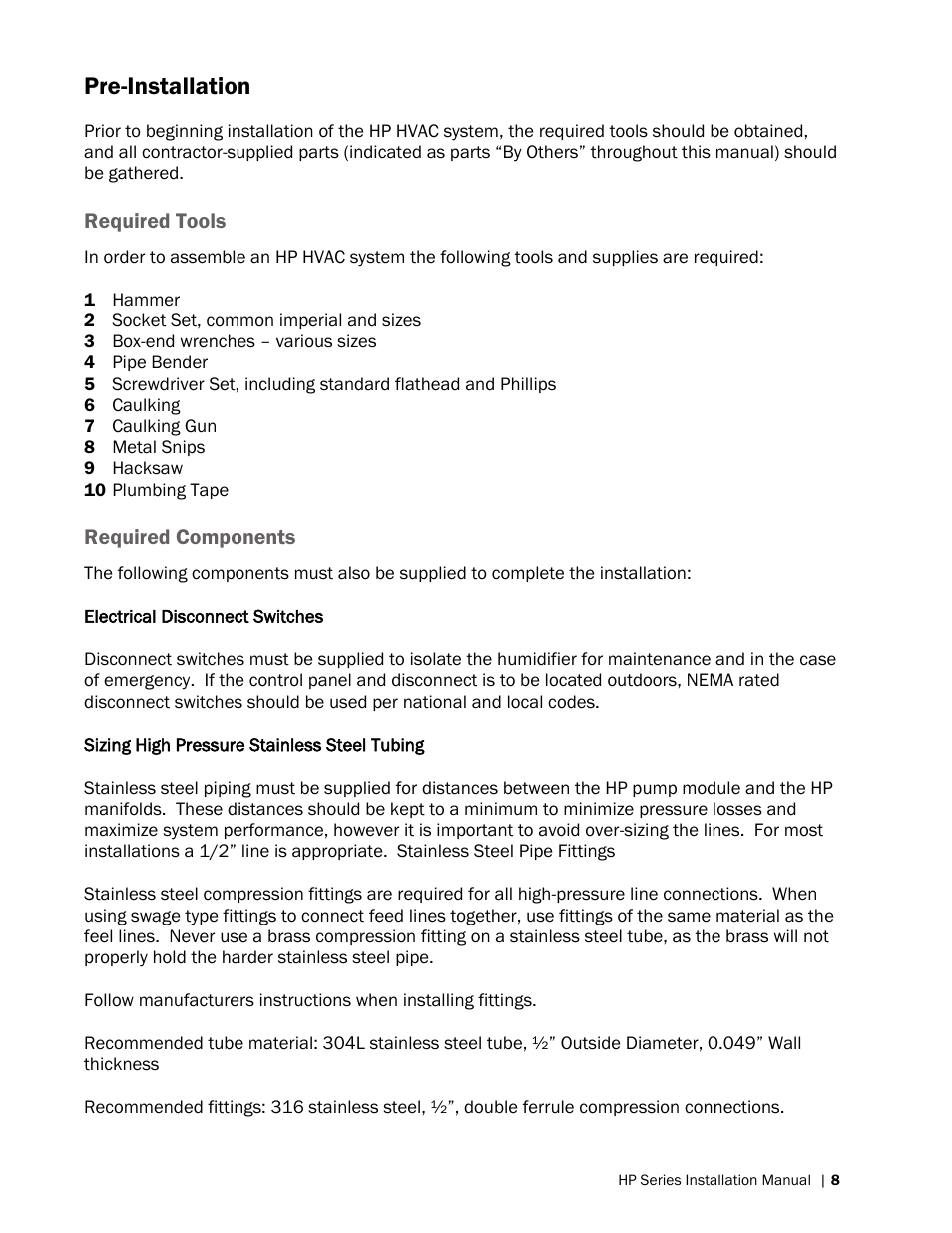 Pre-installation | Nortec HP Series User Manual | Page 11 / 76