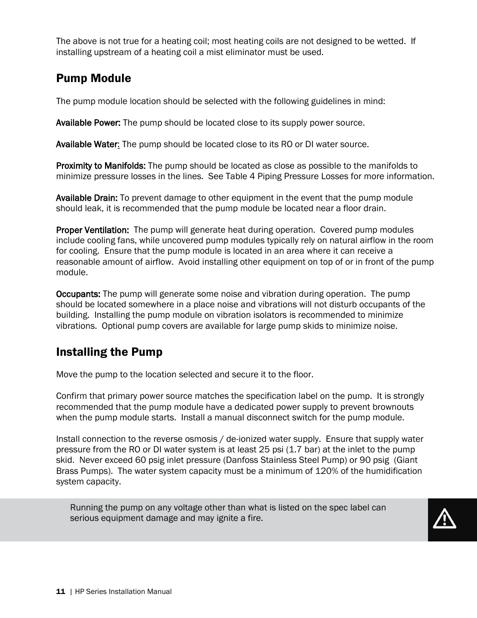 Pump module, Installing the pump | Nortec HP Series User Manual | Page 14 / 76