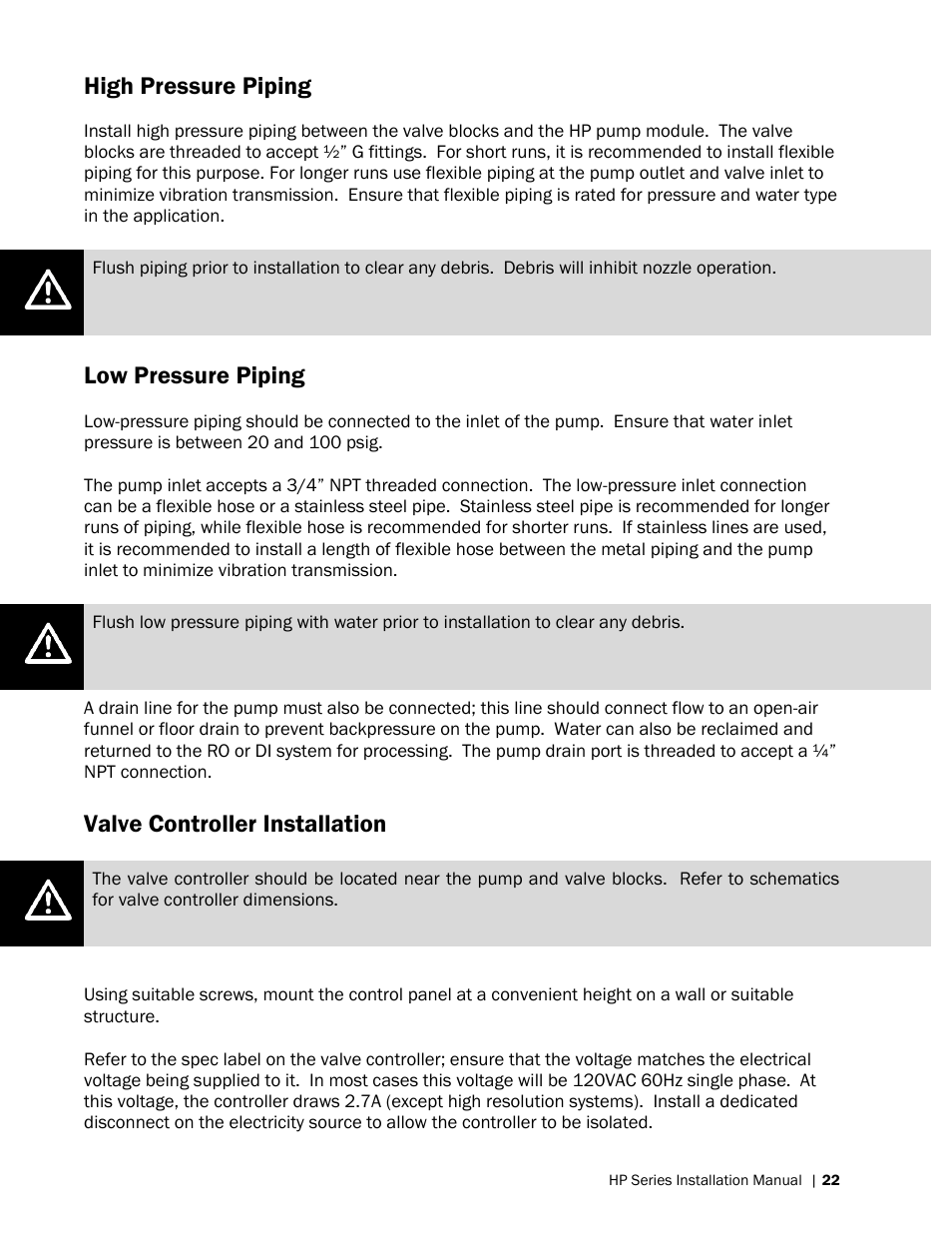 High pressure piping, Low pressure piping, Valve controller installation | Nortec HP Series User Manual | Page 25 / 76