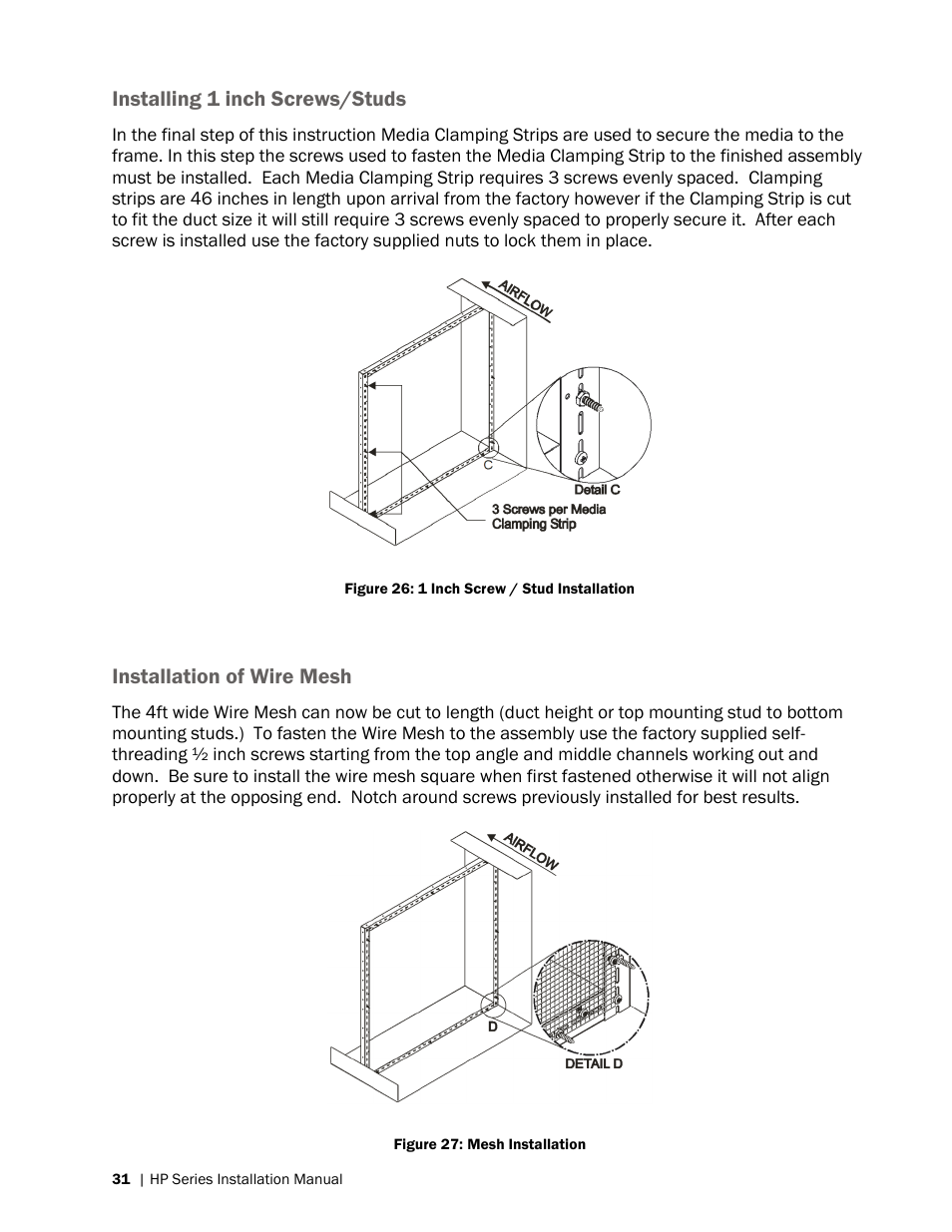 Installing 1 inch screws/studs, Installation of wire mesh | Nortec HP Series User Manual | Page 34 / 76