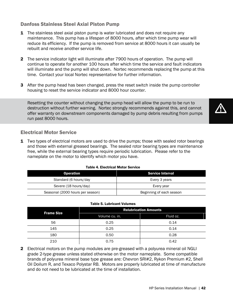 Danfoss stainless steel axial piston pump, Electrical motor service | Nortec HP Series User Manual | Page 45 / 76