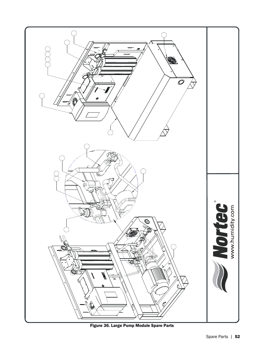 De ta il v ie w, Spare parts | 52, Figure 36. large pump module spare parts | Nortec HP Series User Manual | Page 55 / 76